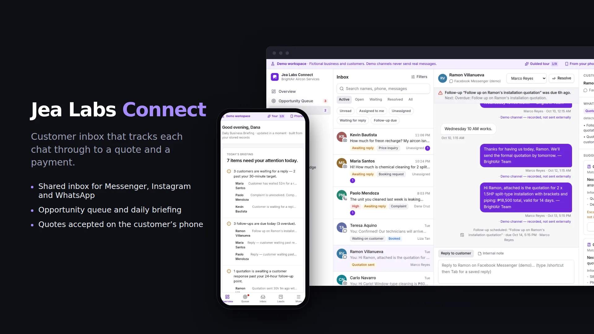 Jea Labs Connect demo inbox with a customer conversation and a sent quotation on desktop, beside the daily business briefing on a phone