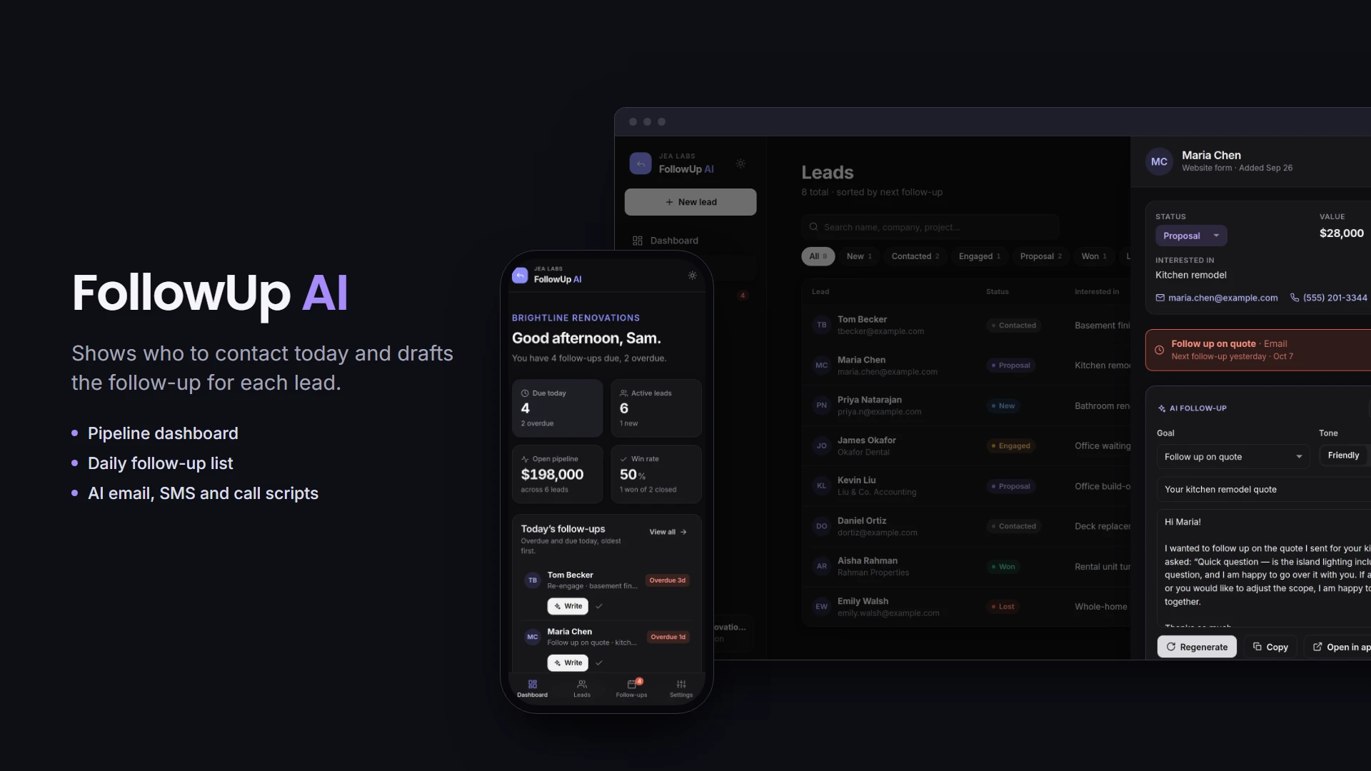 FollowUp AI leads list with an AI-drafted follow-up email on desktop, beside the follow-up dashboard on a phone