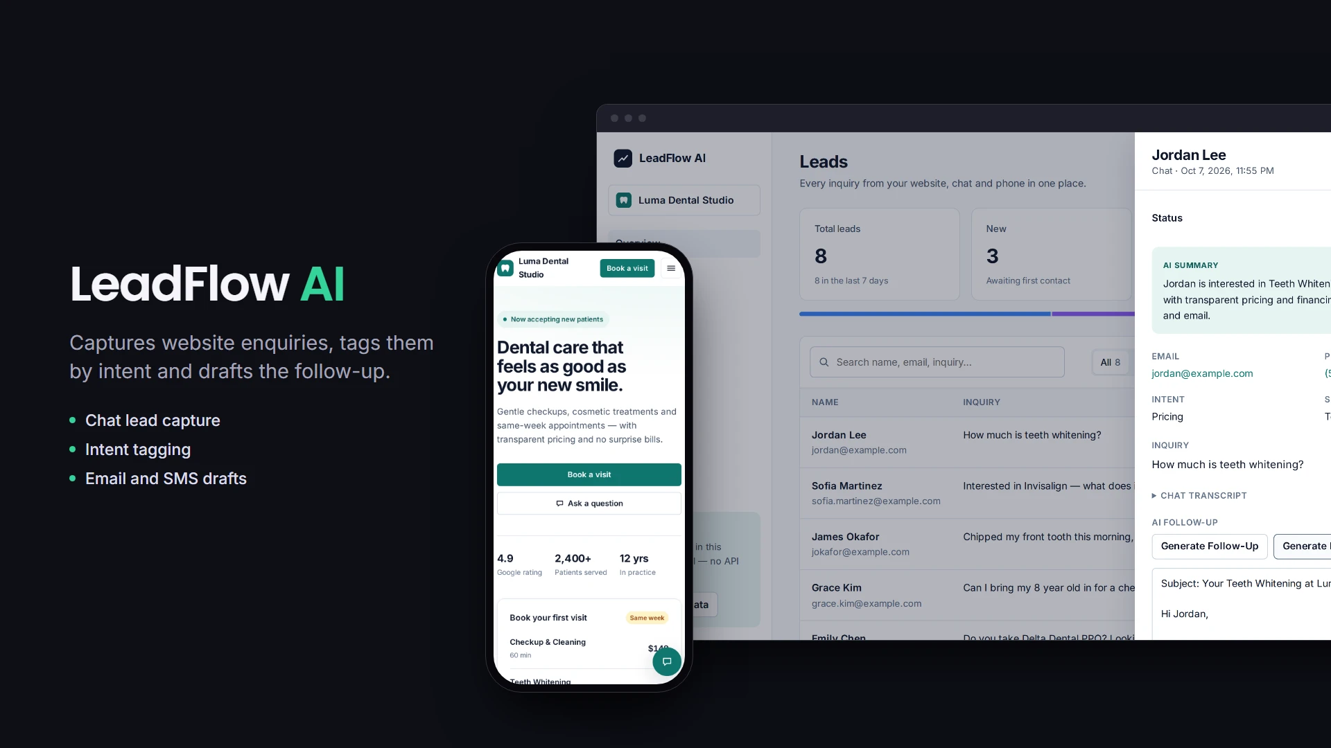 LeadFlow AI lead dashboard with an AI summary and follow-up buttons, beside the demo clinic site with its lead capture chat on a phone