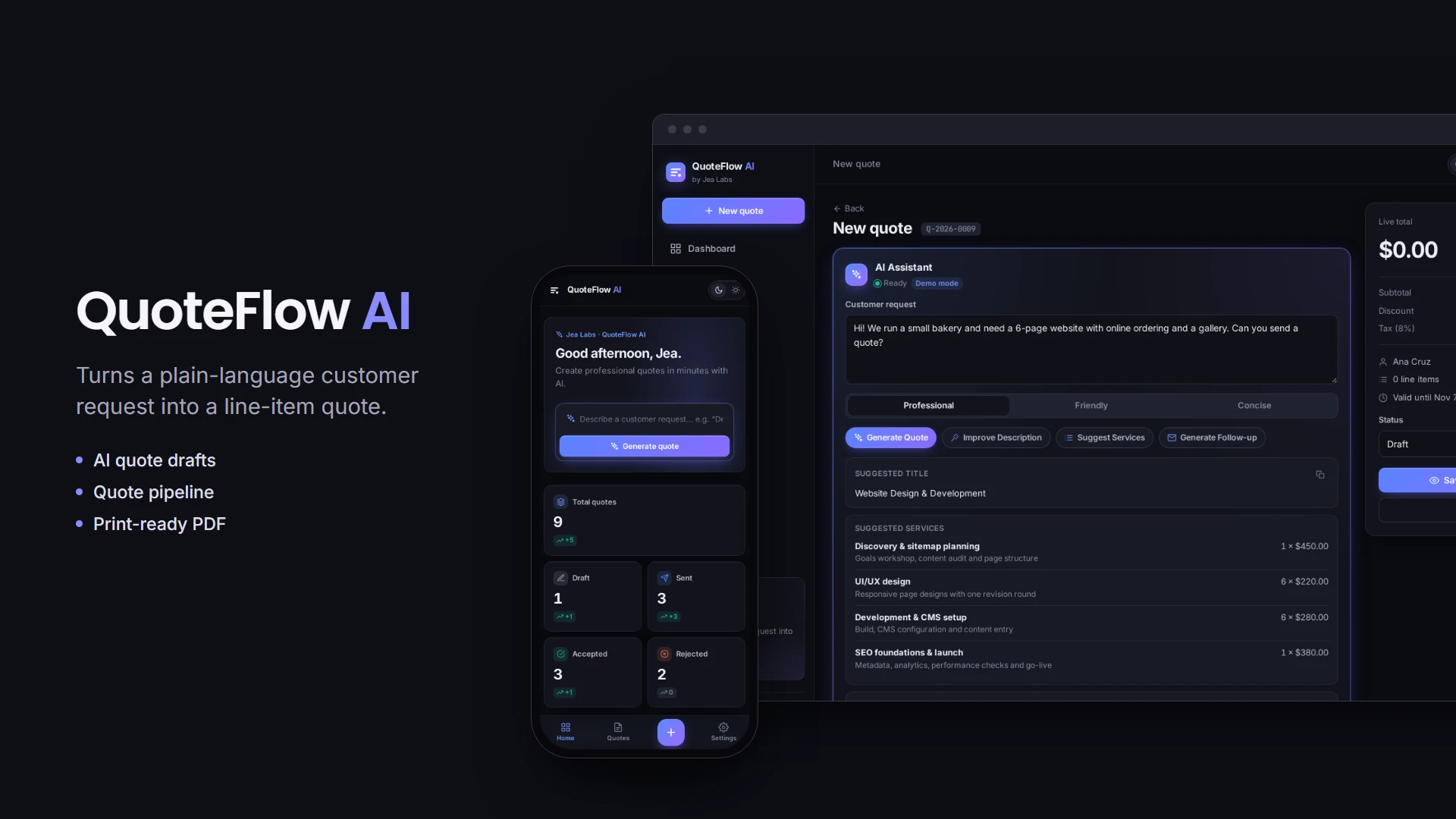 QuoteFlow AI new-quote screen with the AI assistant drafting line items, beside the quote dashboard on a phone