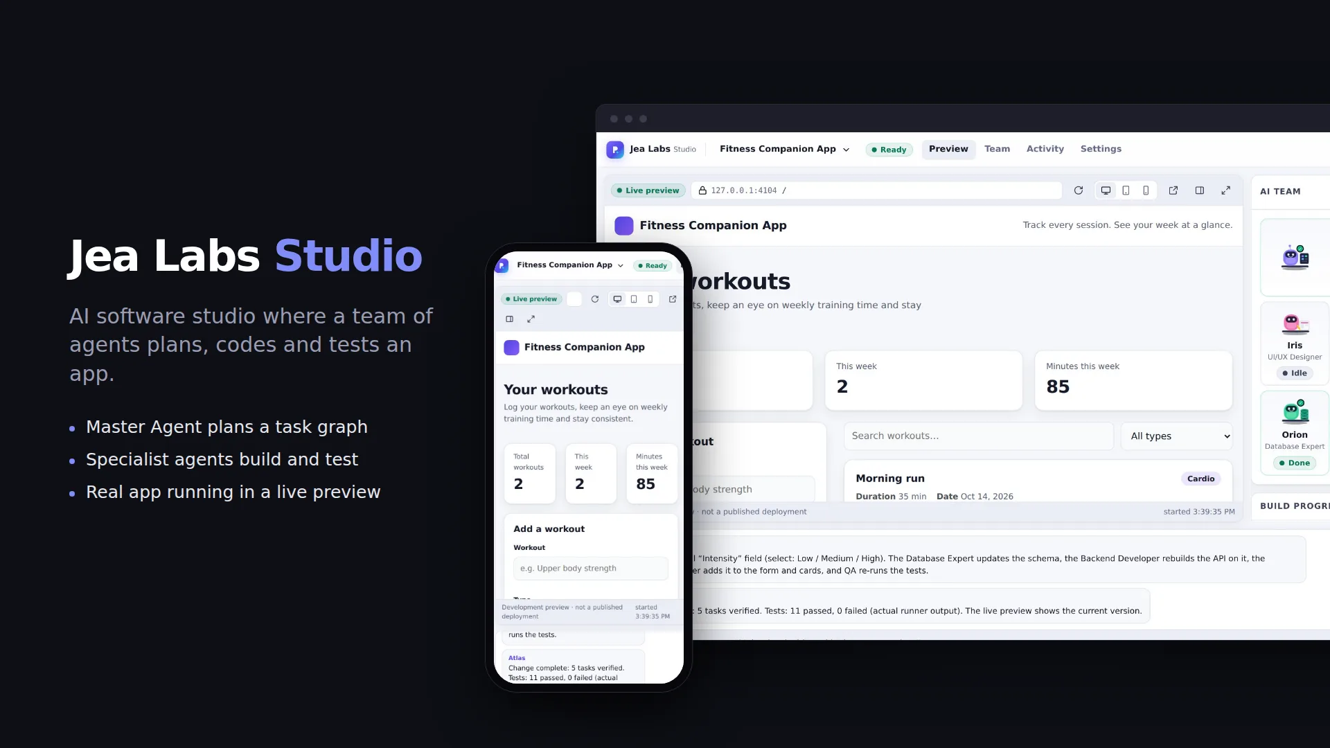Jea Labs Studio workspace with a generated fitness app in the live preview and the AI team panel, beside the studio on a phone