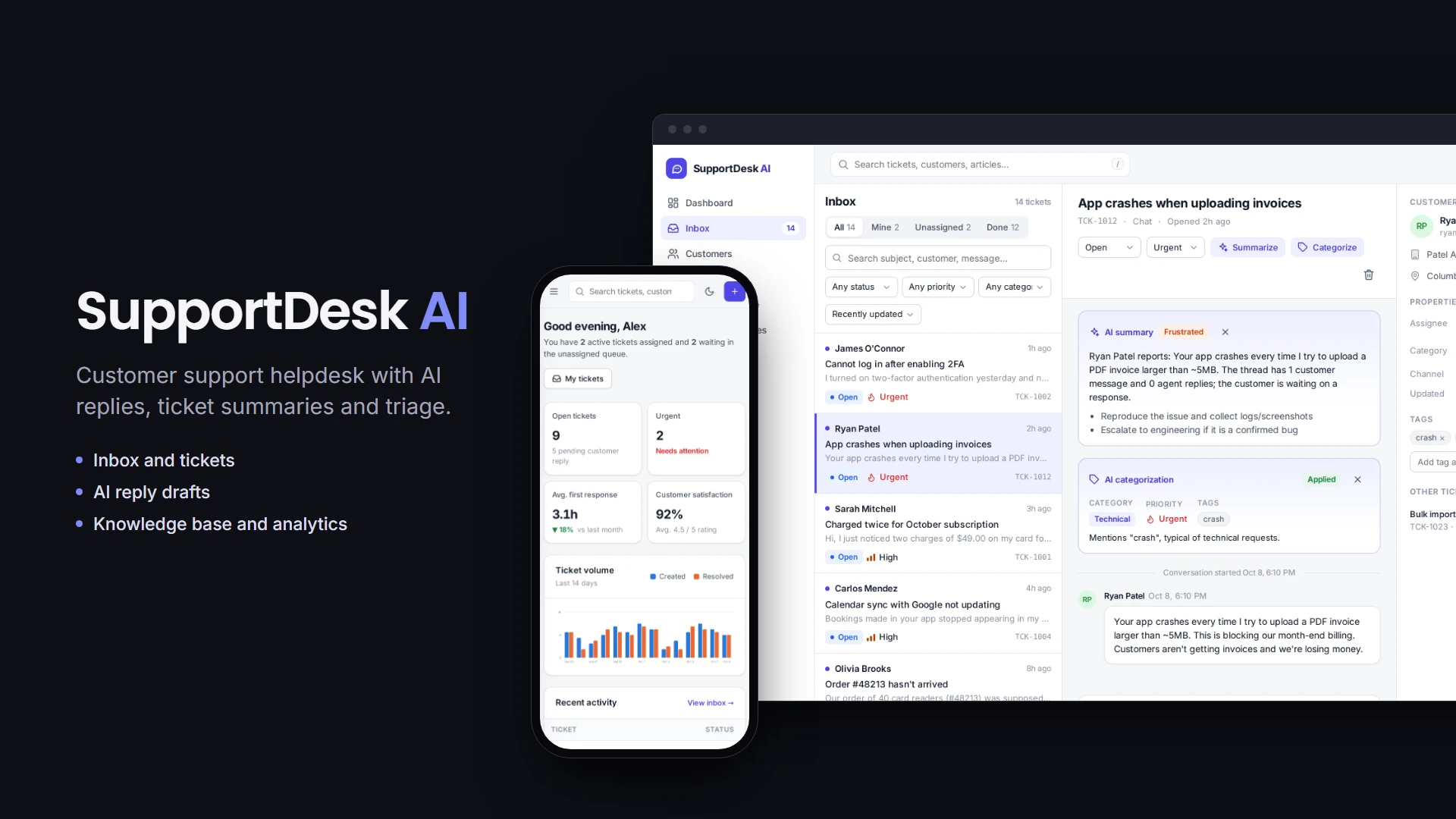 SupportDesk AI inbox with an AI ticket summary on desktop, beside the helpdesk dashboard on a phone