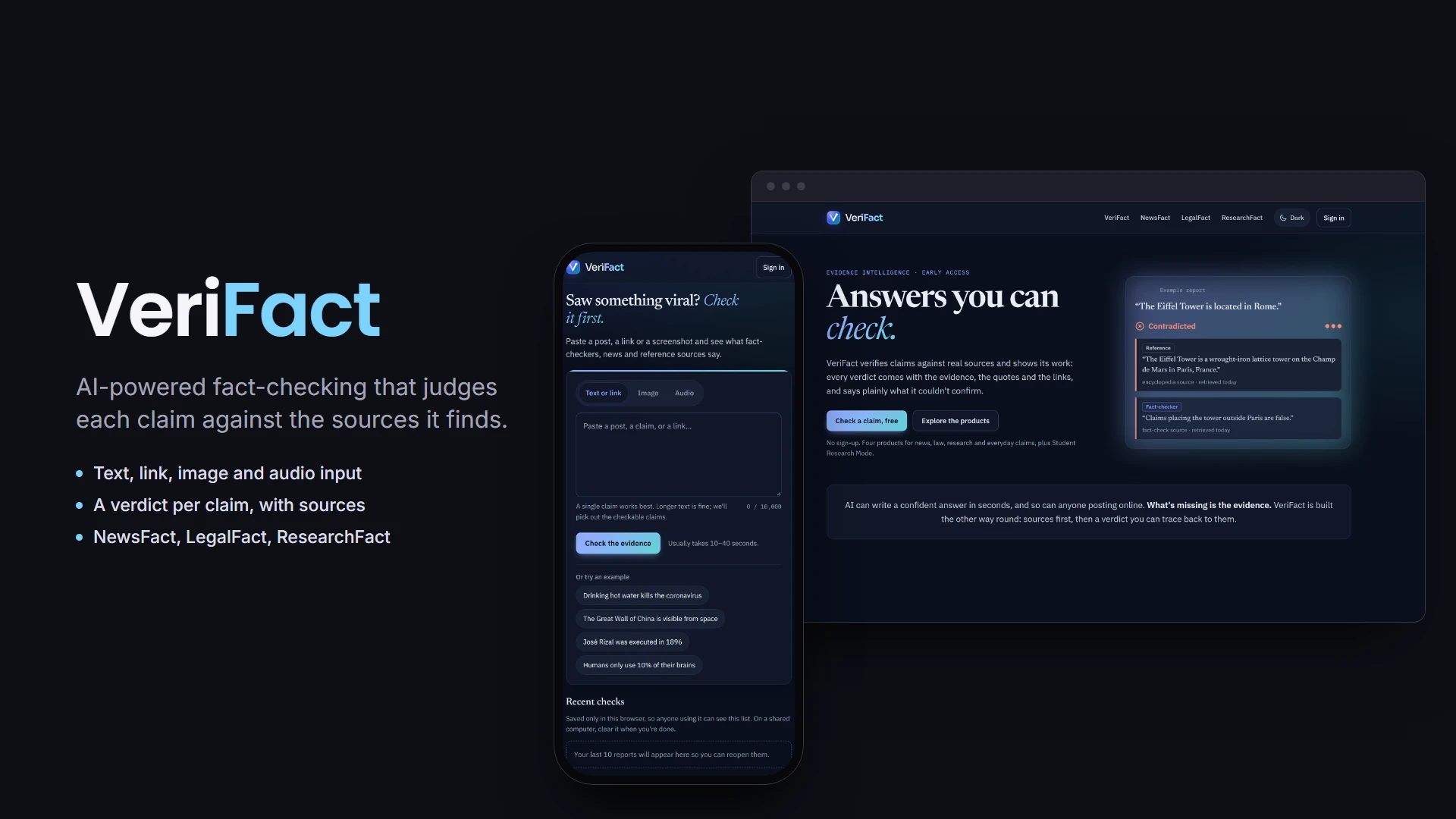 VeriFact homepage with an example report marking a claim as Contradicted with its sources, beside the VeriFact check page on a phone