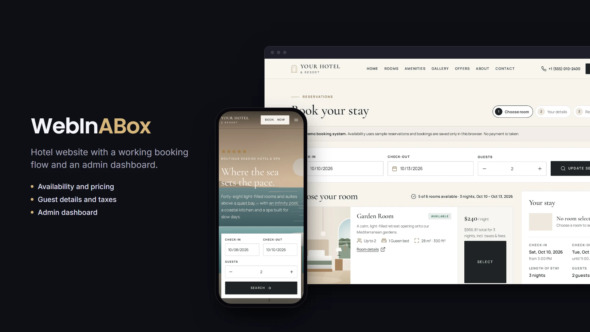 WebInABox demo hotel booking page with dates, guests and room choices, beside the hotel homepage on a phone